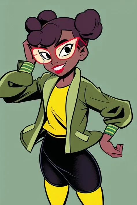 <lora:april_rtmnt:0.7> masterpiece, best quality, 1girl, solo, smile, short hair, dark skin, black eyes, double bun, makeup, glasses, lipstick, dot pupils, simple background, yellow shirt, green jacket, open clothes, black legwear,