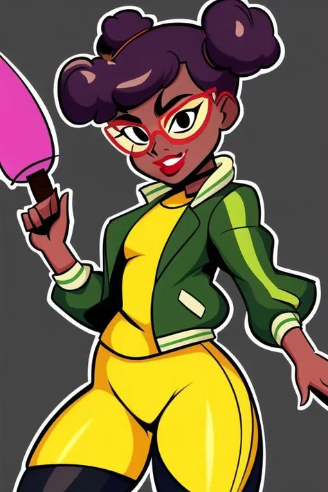 <lora:april_rtmnt:0.7> masterpiece, best quality, 1girl, solo, smile, short hair, dark skin, black eyes, double bun, makeup, glasses, lipstick, dot pupils, simple background, yellow shirt, green jacket, leggins, delicated ilumination, baseball bat,