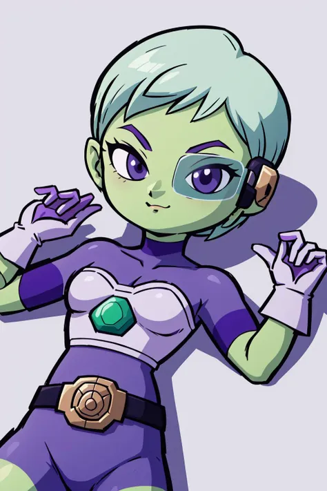 best quality, highly detailed, lying on back, parallel to the camera <lora:cheelai-nvwls-v1:.8> cheelai, green skin, purple bodysuit, short sleeves, purple shorts, belt, armor, white gloves, tinted eyewear