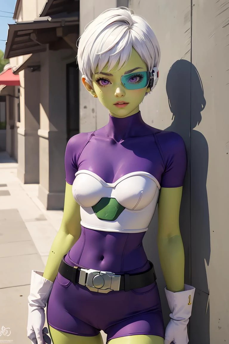 (masterpiece, best quality), 1girl, <lora:cheelai-nvwls-v1:0.8> cheelai, green skin, purple bodysuit, short sleeves, purple shorts, belt, armor, white gloves, tinted eyewear