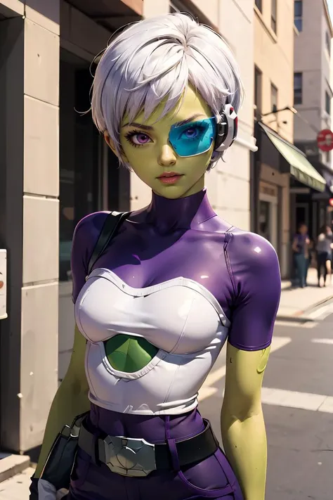 (masterpiece, best quality), 1girl,  <lora:cheelai-nvwls-v1:0.8> cheelai, green skin, purple bodysuit, short sleeves, purple shorts, belt, armor, white gloves, tinted eyewear