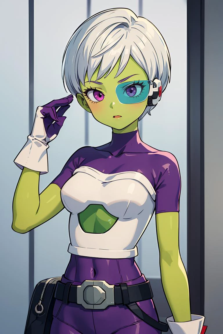 (masterpiece, best quality), 1girl, <lora:cheelai-nvwls-v1:0.8> cheelai, green skin, purple bodysuit, short sleeves, purple shorts, belt, armor, white gloves, tinted eyewear