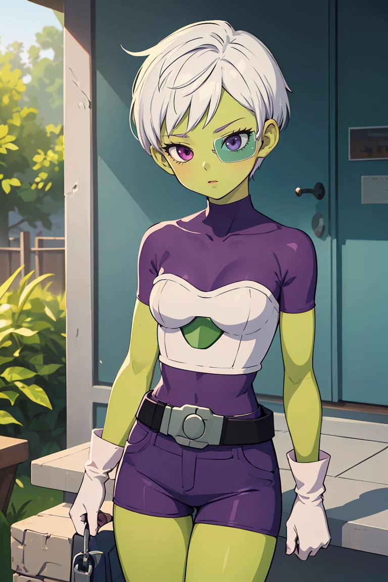 (masterpiece, best quality), 1girl, <lora:cheelai-nvwls-v1:0.8> cheelai, green skin, purple bodysuit, short sleeves, purple shorts, belt, armor, white gloves, tinted eyewear