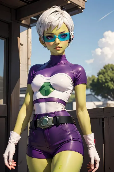 (masterpiece, best quality), 1girl, <lora:cheelai-nvwls-v1:0.8> cheelai, green skin, purple bodysuit, short sleeves, purple shorts, belt, armor, white gloves, tinted eyewear
