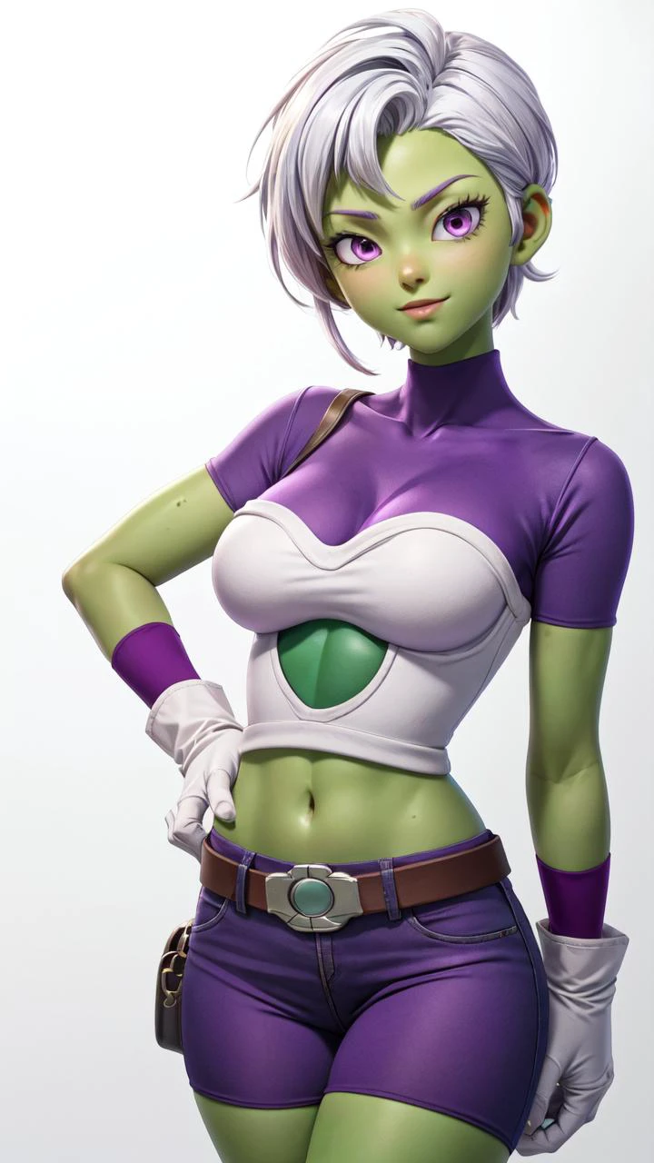 (1girl, solo, masterpiece, 4k,  best quality:1.2, (cowboy shot), best quality:1.2, NICE HANDS, COLORFUL, (perfect hands, perfect anatomy)), 
cheelai, ((green skin)), purple bodysuit, short sleeves, purple shorts, belt, armor, white gloves, tinted eyewear,
((medium breasts, big hips, looking at the viewer)), 
((simple background, white background)), <lora:GoodHands-vanilla:1>