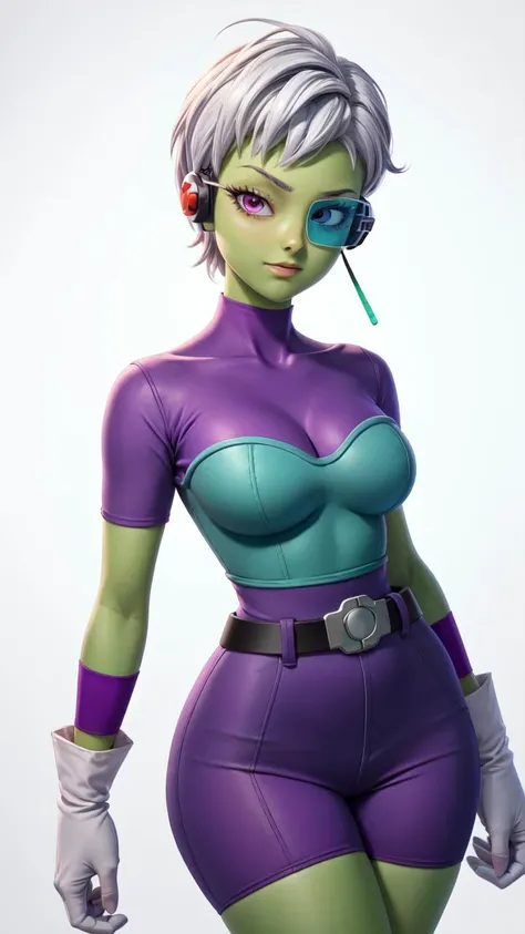 (masterpiece, best quality), 1girl,  <lora:cheelai-nvwls-v1:0.8> cheelai, green skin, purple bodysuit, short sleeves, purple shorts, belt, armor, white gloves, tinted eyewear