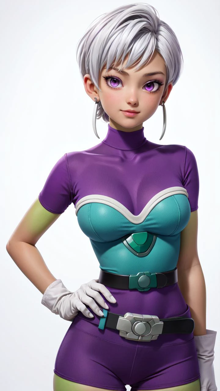 (1girl, solo, masterpiece, 4k, best quality:1.2, (cowboy shot), best quality:1.2, NICE HANDS, COLORFUL, (perfect hands, perfect anatomy)),
cheelai, green skin, purple bodysuit, short sleeves, purple shorts, belt, armor, white gloves,
((medium breasts, big hips, looking at the viewer)),
((simple background, white background)), <lora:GoodHands-vanilla:1>
