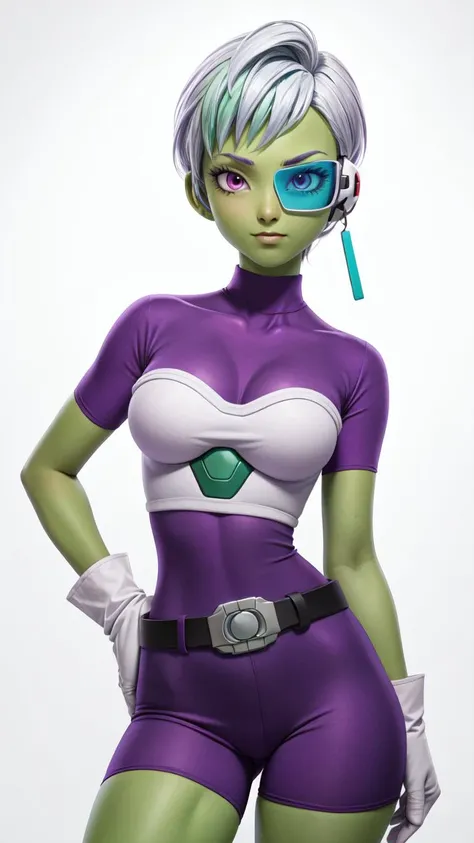 (1girl, solo, masterpiece, 4k, best quality:1.2, (cowboy shot), best quality:1.2, NICE HANDS, COLORFUL, (perfect hands, perfect anatomy)),
cheelai, ((green skin)), purple bodysuit, short sleeves, purple shorts, belt, armor, white gloves, tinted eyewear, high stocking,
((medium breasts, big hips, looking at the viewer)),
((simple background, white background)), <lora:GoodHands-vanilla:1>