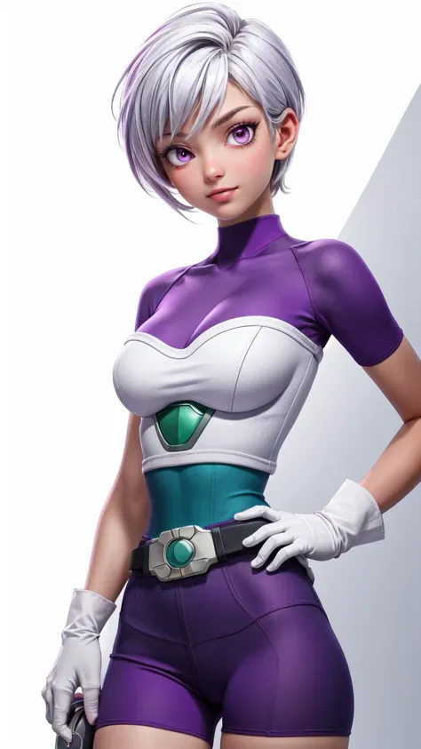 (1girl, solo, masterpiece, 4k, best quality:1.2, (cowboy shot), best quality:1.2, NICE HANDS, COLORFUL, (perfect hands, perfect anatomy)),
cheelai, green skin, purple bodysuit, short sleeves, purple shorts, belt, armor, white gloves,
((medium breasts, big hips, looking at the viewer)),
((simple background, white background)), <lora:GoodHands-vanilla:1>
