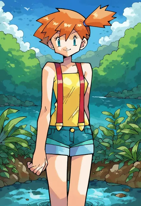 score_9, score_8_up, score_7_up, score_6_up,score_5_up, score_4_up, ken sugimori,misty \(pokemon\), 1girl, solo, blue eyes, orange hair, cowboy shot, standing, side ponytail, short hair, yellow shirt, red suspenders, denim shorts, small breasts, wetland, smile,sleeveless,  <lora:KenSugimoriPony:1>