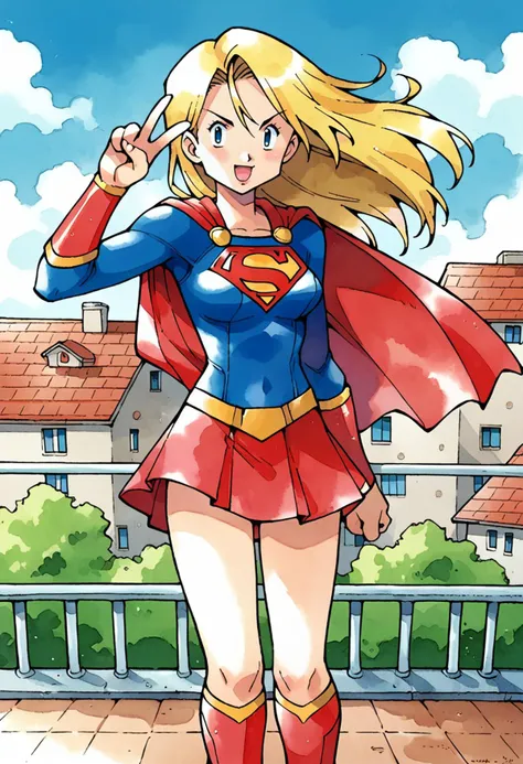 score_9, score_8_up, score_7_up, score_6_up, BREAK ken sugimori,watercolor \(medium\), 1girl,supergirl, red skirt,superman logo, cowboy shot,peace sign,v,outdoors, rooftop,day,red arm guards, <lora:KenSugimoriPony:1>