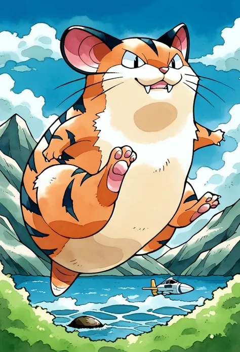 score_9, score_8_up, score_7_up, score_6_up, BREAK ken sugimori,watercolor \(medium\), pokemon \(creature\),solo,jet fur, fangs, glacier,cat, mouse, <lora:KenSugimoriPony:1>
