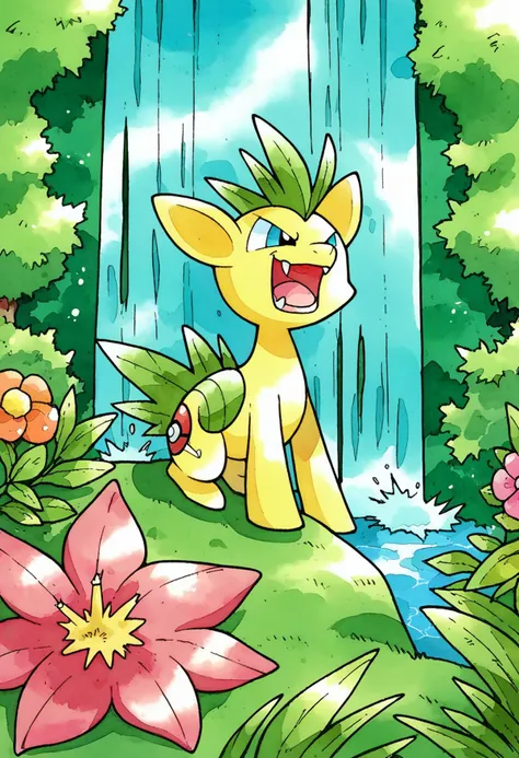 score_9, score_8_up, score_7_up, score_6_up,source_pony, BREAK ken sugimori,watercolor \(medium\), pokemon \(creature\),yellow-green fur, fangs, waterfall, <lora:KenSugimoriPony:1>