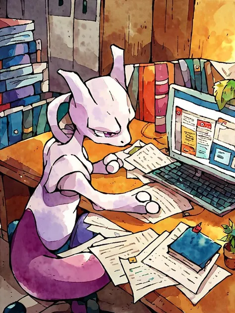 score_9, score_8_up, score_7_up,  ken sugimori, [watercolor],   Mewtwo from pokemon,   solo ,  office , paper, computer, tired,   <lora:KenSugimoriPony:0.8> ,