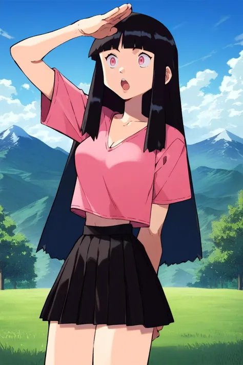 score_9, score_8_up, score_7_up, score_6_up, score_5_up, score_4_up, ken sugimori,, outdoors, grass, tree,blue sky,plateau,mountain,1girl,solo,cowboy shot, black hair, long hair, blunt bangs,pink eyes, pink t-shirt, crop top, black pleated skirt,cleavage,medium breasts,looking afar, looking to the side,shading eyes,salute,:o, open mouth, surprised,thighs, arm behind back,short sleeves, arm up,(covering own eyes:0.8),black skirt,(from side:0.7), <lora:KenSugimoriPony:1>