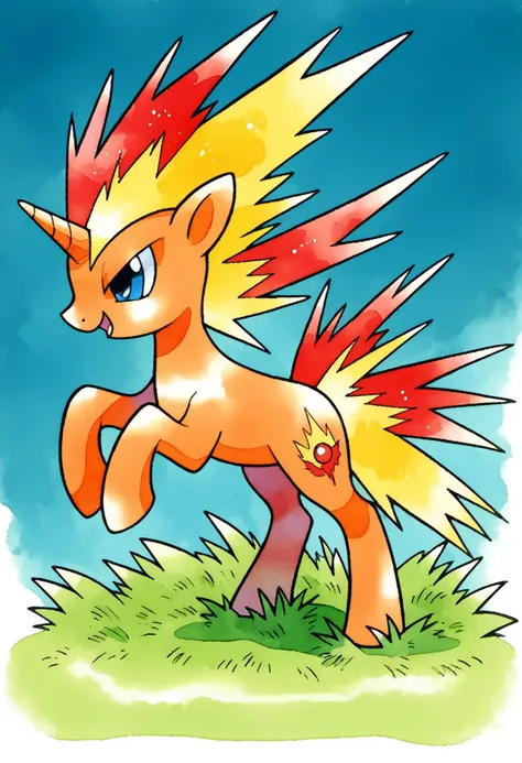 score_9, score_8_up, score_7_up, score_6_up,source_pony, BREAK ken sugimori,watercolor \(medium\), pokemon \(creature\), feral pony, fiery hair, orange skin,from side,full body,grass with tiny flowers,blue sky, <lora:KenSugimoriPony:1>