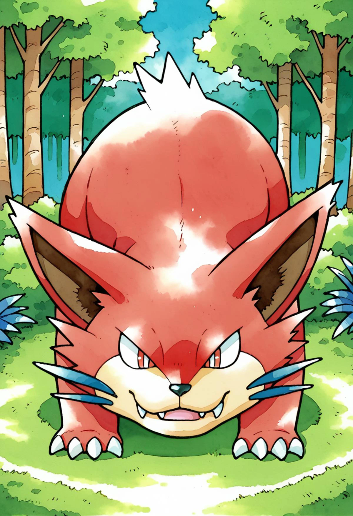 score_9, score_8_up, score_7_up, score_6_up, BREAK ken sugimori,watercolor \(medium\), pokemon \(creature\),ruby fur, fangs, forest, <lora:KenSugimoriPony:1>