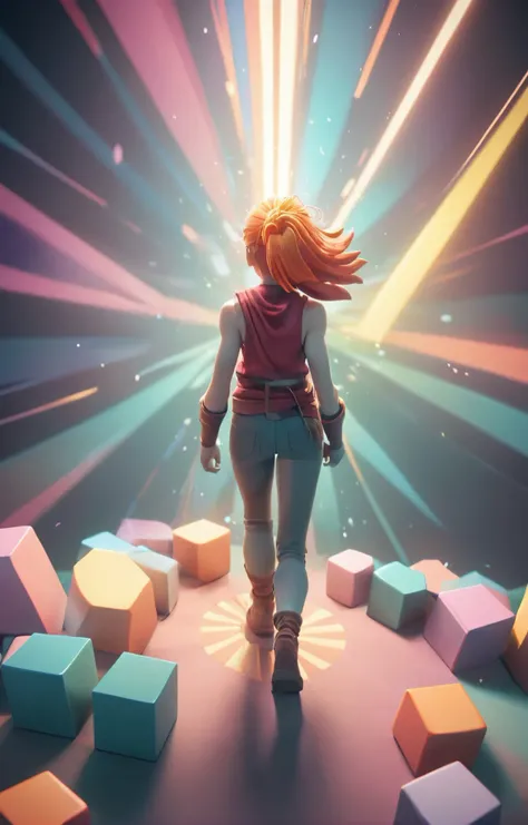 3d isometric, blender render, soft colorful-hued colors, she approaches the magical realm of possibility running at speed, magical energy, god rays, (arcane style:1.2) <lora:arcane_style_xl_v1:1.2> Two tone lighting, abstract geometric gradients, geometric shapes, simple background