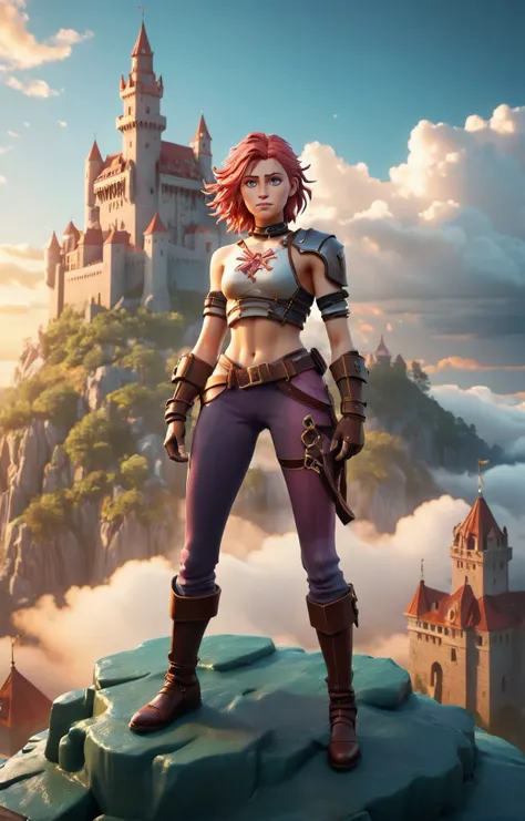 3d isometric, blender render, soft colorful-hued colors, beautiful Croatian woman with a hungry expression wearing leather armor in a castle situated on a cloud-covered floating island that drifts through the sky, with a magical anchor keeping it grounded in an otherworldly location, magical energy swirls, god rays, (arcane style:1.2) <lora:arcane_style_xl_v1:1.2> Two tone lighting, abstract geometric gradients, geometric shapes, simple background