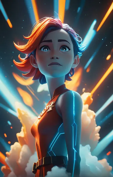3d isometric, blender render, soft colorful-hued colors, she is staring into the celestial realm of possibility, her fiery smile is a defiance to all gods, cosmic explosions, magical energy, god rays, (arcane style:1.2) <lora:arcane_style_xl_v1:1.2> Two tone lighting, abstract geometric gradients, geometric shapes, simple background