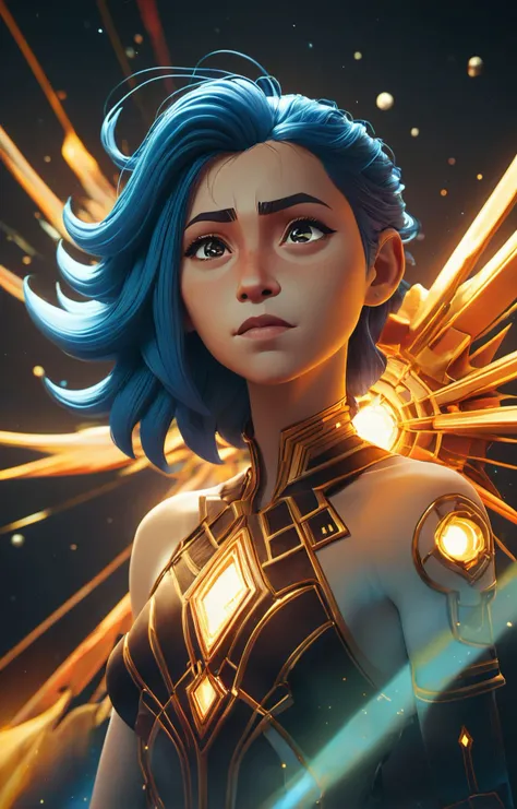 3d isometric, blender render, soft colorful-hued colors, she is staring into the celestial realm of possibility, her fiery smile is a defiance to all gods, cosmic explosions in gold filigree, magical energy, god rays, (arcane style:1.2) <lora:arcane_style_xl_v1:1.2> Two tone lighting, abstract geometric gradients, geometric shapes, simple background