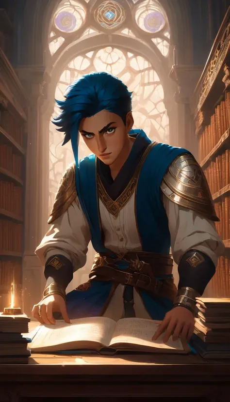 In a dimly lit library, a young scholar hunches over their desk, pouring through ancient texts written in strange languages and deciphering the secrets hidden within, hero view, action pose, extremely beautiful detailed piercing eyes, cinematic scene, scenery, detailed background, masterpiece, best quality, high quality, highres, absurdres, very detailed, high resolution, sharp, sharp image, 8k, vivid, colorful, stunning, arcane style <lora:arcance_style_xl_v1:1>