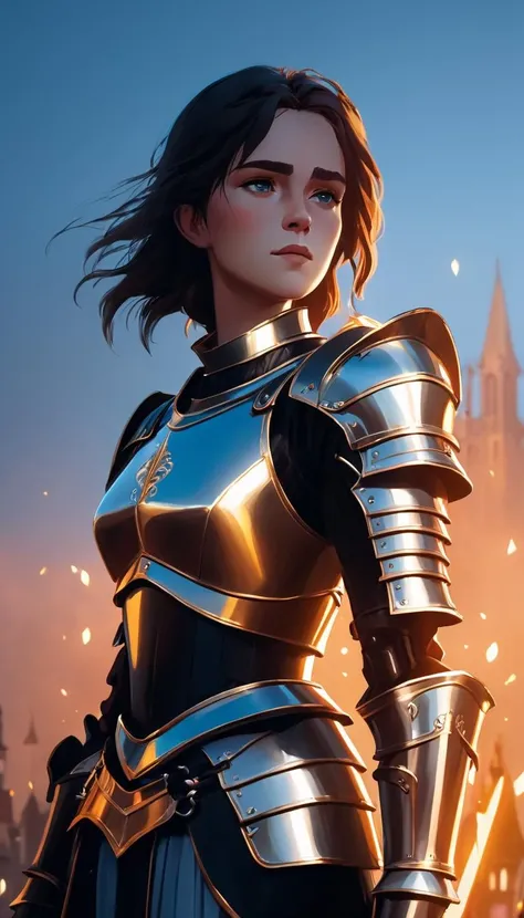 A female knight in a shiny armor, cinematic scene, scenery, detailed background, masterpiece, best quality, high quality, highres, absurdres, very detailed, high resolution, sharp, sharp image, 8k, vivid, colorful, arcane style <lora:arcance_style_xl_v1:1.0>
