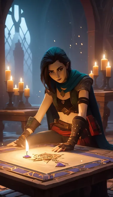 Female rogue, an ancient tome filled with cryptic symbols and spell incantations lies on a dusty table, surrounded by flickering candles and mysterious artifacts. cinematic scene, scenery, detailed background, masterpiece, best quality, high quality, highres, absurdres, very detailed, high resolution, sharp, sharp image, 8k, vivid, colorful, arcane style <lora:arcance_style_xl_v1:1>