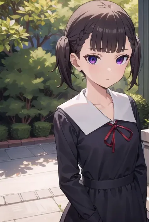 makishijou, <lyco:makishijouv2-lyco-nochekaiser:1>,
maki shijou, bangs, blunt bangs, (purple eyes:1.1), twintails, two side up, braid, short twintails,
BREAK long sleeves, dress, ribbon, school uniform, black dress, red ribbon, neck ribbon, collared dress, shuuchiin academy school uniform,
BREAK outdoors,
BREAK looking at viewer, (cowboy shot:1.5),
BREAK <lyco:GoodHands-beta2:1>, (masterpiece:1.2), best quality, high resolution, unity 8k wallpaper, (illustration:0.8), (beautiful detailed eyes:1.6), extremely detailed face, perfect lighting, extremely detailed CG, (perfect hands, perfect anatomy),