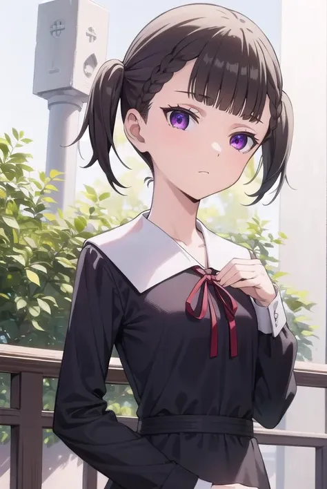 makishijou, <lyco:makishijouv2-lyco-nochekaiser:1>,
maki shijou, bangs, blunt bangs, (purple eyes:1.1), twintails, two side up, braid, short twintails,
BREAK long sleeves, dress, ribbon, school uniform, black dress, red ribbon, neck ribbon, collared dress, shuuchiin academy school uniform,
BREAK outdoors,
BREAK looking at viewer, (cowboy shot:1.5),
BREAK <lyco:GoodHands-beta2:1>, (masterpiece:1.2), best quality, high resolution, unity 8k wallpaper, (illustration:0.8), (beautiful detailed eyes:1.6), extremely detailed face, perfect lighting, extremely detailed CG, (perfect hands, perfect anatomy),