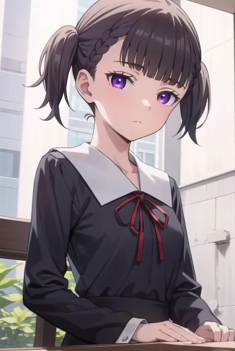 makishijou, <lyco:makishijouv2-lyco-nochekaiser:1>,
maki shijou, bangs, blunt bangs, (purple eyes:1.1), twintails, two side up, braid, short twintails,
BREAK long sleeves, dress, ribbon, school uniform, black dress, red ribbon, neck ribbon, collared dress, shuuchiin academy school uniform,
BREAK outdoors,
BREAK looking at viewer, (cowboy shot:1.5),
BREAK <lyco:GoodHands-beta2:1>, (masterpiece:1.2), best quality, high resolution, unity 8k wallpaper, (illustration:0.8), (beautiful detailed eyes:1.6), extremely detailed face, perfect lighting, extremely detailed CG, (perfect hands, perfect anatomy),