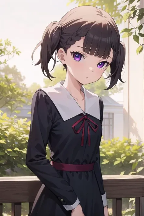 makishijou, <lyco:makishijouv2-lyco-nochekaiser:1>,
maki shijou, bangs, blunt bangs, (purple eyes:1.1), twintails, two side up, braid, short twintails,
BREAK long sleeves, dress, ribbon, school uniform, black dress, red ribbon, neck ribbon, collared dress, shuuchiin academy school uniform,
BREAK outdoors,
BREAK looking at viewer, (cowboy shot:1.5),
BREAK <lyco:GoodHands-beta2:1>, (masterpiece:1.2), best quality, high resolution, unity 8k wallpaper, (illustration:0.8), (beautiful detailed eyes:1.6), extremely detailed face, perfect lighting, extremely detailed CG, (perfect hands, perfect anatomy),