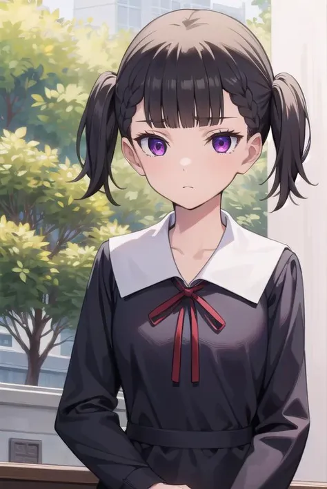 makishijou, <lyco:makishijouv2-lyco-nochekaiser:1>,
maki shijou, bangs, blunt bangs, (purple eyes:1.1), twintails, two side up, braid, short twintails,
BREAK long sleeves, dress, ribbon, school uniform, black dress, red ribbon, neck ribbon, collared dress, shuuchiin academy school uniform,
BREAK outdoors,
BREAK looking at viewer, (cowboy shot:1.5),
BREAK <lyco:GoodHands-beta2:1>, (masterpiece:1.2), best quality, high resolution, unity 8k wallpaper, (illustration:0.8), (beautiful detailed eyes:1.6), extremely detailed face, perfect lighting, extremely detailed CG, (perfect hands, perfect anatomy),