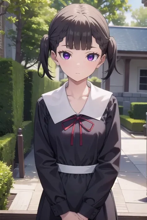 makishijou, <lyco:makishijouv2-lyco-nochekaiser:1>,
maki shijou, bangs, blunt bangs, (purple eyes:1.1), twintails, two side up, braid, short twintails,
BREAK long sleeves, dress, ribbon, school uniform, black dress, red ribbon, neck ribbon, collared dress, shuuchiin academy school uniform,
BREAK outdoors,
BREAK looking at viewer, (cowboy shot:1.5),
BREAK <lyco:GoodHands-beta2:1>, (masterpiece:1.2), best quality, high resolution, unity 8k wallpaper, (illustration:0.8), (beautiful detailed eyes:1.6), extremely detailed face, perfect lighting, extremely detailed CG, (perfect hands, perfect anatomy),