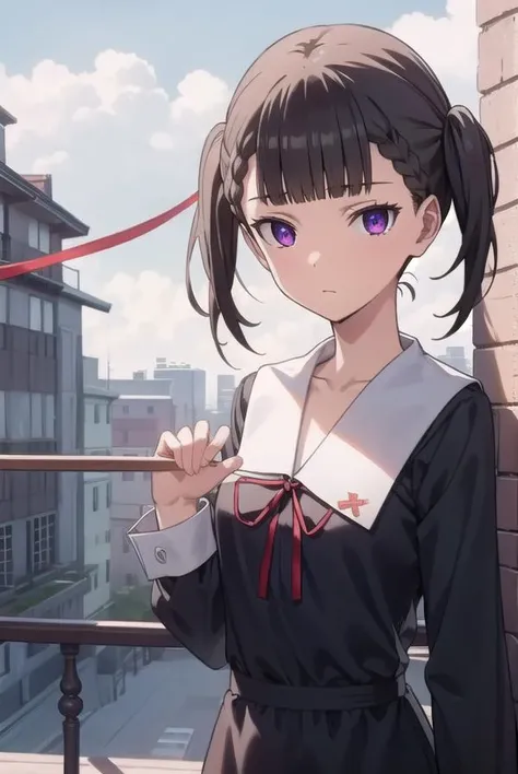 makishijou, <lyco:makishijouv2-lyco-nochekaiser:1>,
maki shijou, bangs, blunt bangs, (purple eyes:1.1), twintails, two side up, braid, short twintails,
BREAK long sleeves, dress, ribbon, school uniform, black dress, red ribbon, neck ribbon, collared dress, shuuchiin academy school uniform,
BREAK outdoors,
BREAK looking at viewer, (cowboy shot:1.5),
BREAK <lyco:GoodHands-beta2:1>, (masterpiece:1.2), best quality, high resolution, unity 8k wallpaper, (illustration:0.8), (beautiful detailed eyes:1.6), extremely detailed face, perfect lighting, extremely detailed CG, (perfect hands, perfect anatomy),