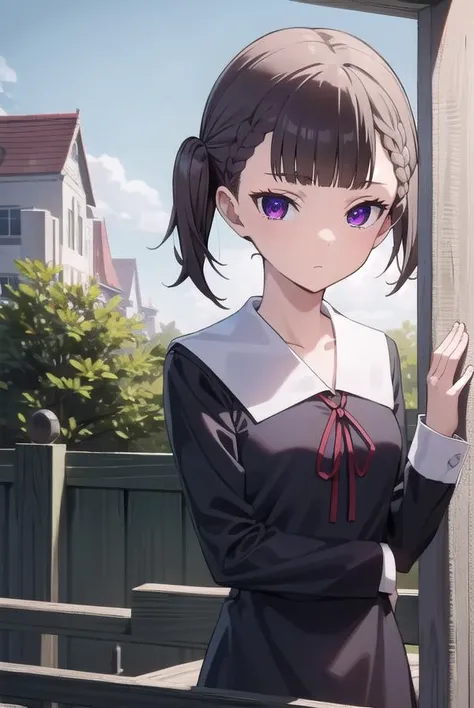 makishijou, <lyco:makishijouv2-lyco-nochekaiser:1>,
maki shijou, bangs, blunt bangs, (purple eyes:1.1), twintails, two side up, braid, short twintails,
BREAK long sleeves, dress, ribbon, school uniform, black dress, red ribbon, neck ribbon, collared dress, shuuchiin academy school uniform,
BREAK outdoors,
BREAK looking at viewer, (cowboy shot:1.5),
BREAK <lyco:GoodHands-beta2:1>, (masterpiece:1.2), best quality, high resolution, unity 8k wallpaper, (illustration:0.8), (beautiful detailed eyes:1.6), extremely detailed face, perfect lighting, extremely detailed CG, (perfect hands, perfect anatomy),