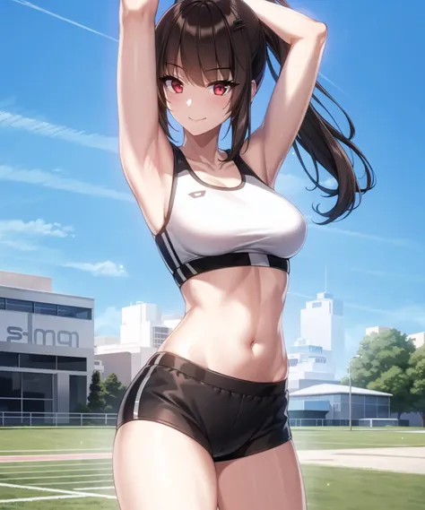 masterpiece, best quality, ultra-detailed, illustration, warm lighting, bright colors, 8K wallpaper, 1girl, solo, sooyeon, closed mouth, side ponytail, long hair, sportswear, smile, spoken heart, happy, cross-body stretch, arm across chest, stretching , standing, cowboy shot, legs, track and field, field day, outside, sky, clouds, day, linea alba, crop top, sports shorts, <lora:sooyeon:0.7>