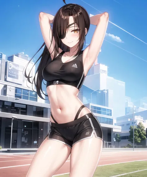 masterpiece, best quality, ultra-detailed, illustration, warm lighting, bright colors, 8K wallpaper, 1girl, solo, Asooyeon, eyepatch, closed mouth, long hair, sportswear, smile, spoken heart, happy, cross-body stretch, arm across chest, stretching , standing, cowboy shot, legs, track and field, field day, outside, sky, clouds, day, linea alba, crop top, sports shorts, <lora:sooyeon:0.7>