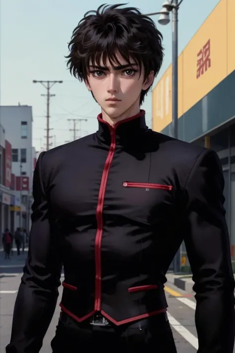 masterpiece, best quality,(upper body), from below,, kamui standing on a street wearing a black jacket and black pants, looking at viewer