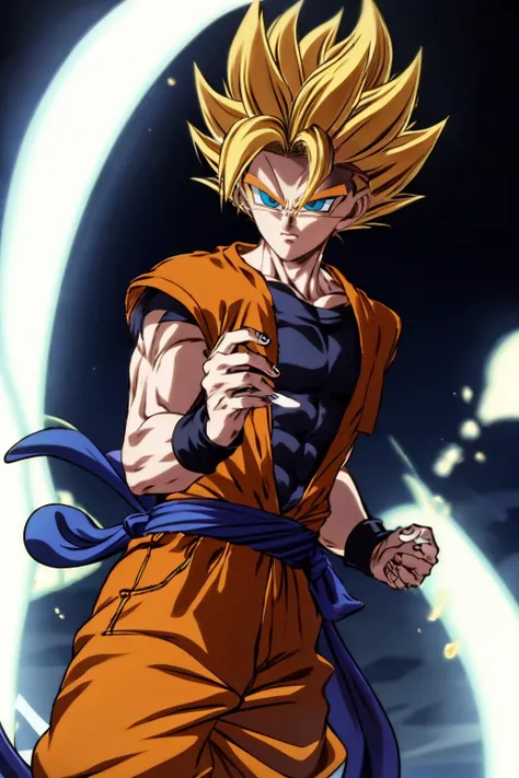 masterpiece, best quality, (1boy),  kamui wearing a (orange dougi:1.2), orange pants,blue sash, blue wristband, blonde hair, aqua eyes, facing viewer, cowboy shot,super saiyan