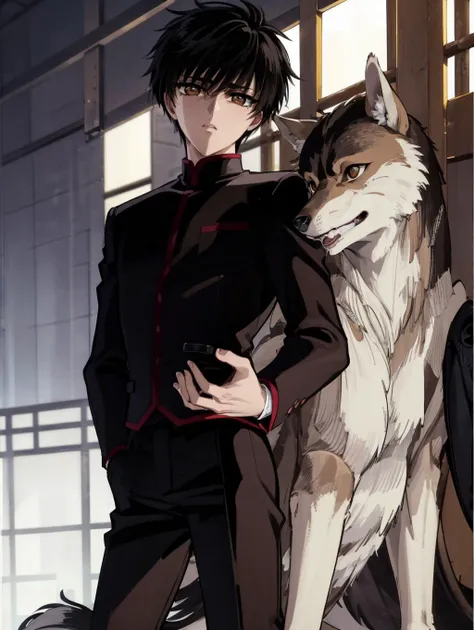 masterpiece, best quality, finely detail,(cowboy shot:1.2),a boy kamui with black hair and brown eyes wearing black jacket and black pants sitting on top of the tokyo tower with a (wolf dog) by his side