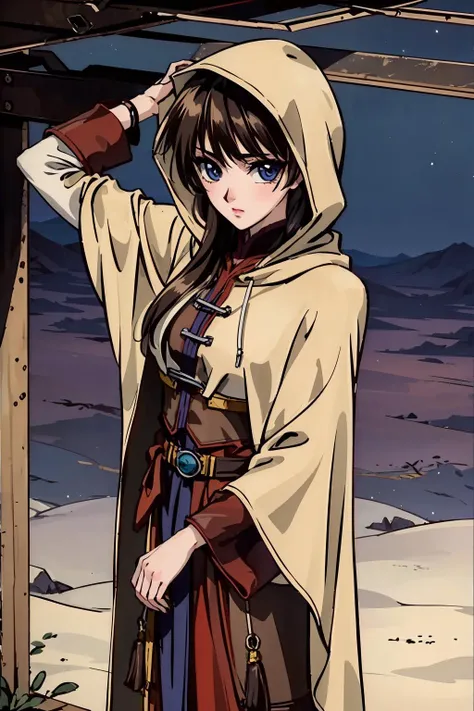(1girl), kamui, (cowboy_shot), standing with a light brown cloak, hood up, desert, postapocalyptic, from above, looking at viewer