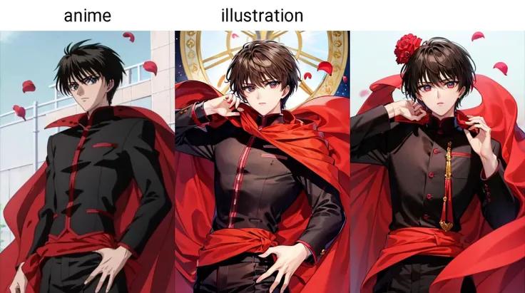 masterpiece, best quality,anime,(upper body), from below,, kamui standing on a street wearing a black jacket and black pants, looking at viewer, pink petals in the air, red cloak