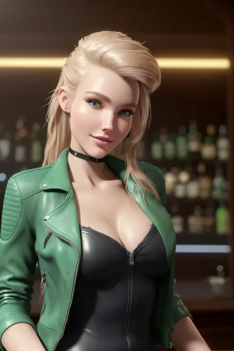 a photo of an attractive S063_LinseyDonovan, in a (bar), wearing a (green-leather-jacket), (bad-lighting:1.2), (8k, RAW photo, best quality, ultra high res, depth of field:1.1), (absurdres, intricate, photorealistic, masterpiece, ultra-detailed, Unreal Engine:1.3)