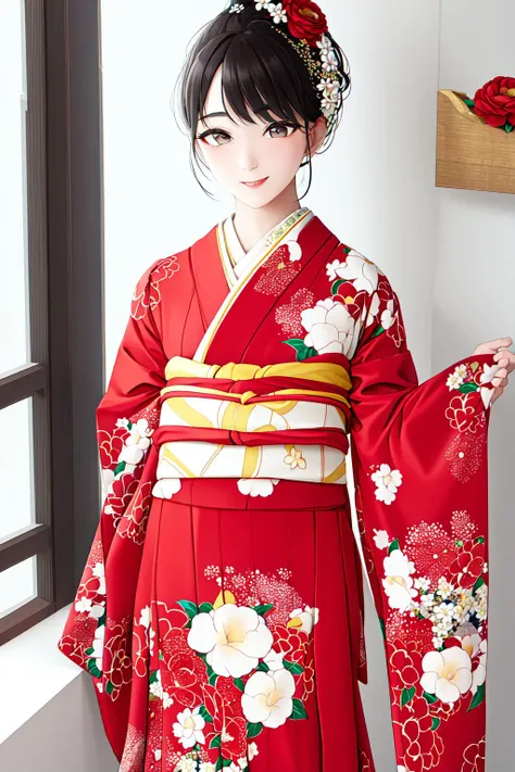 masterpiece, best quality,  <lora:furisode:0.7>, floral print, furisode,