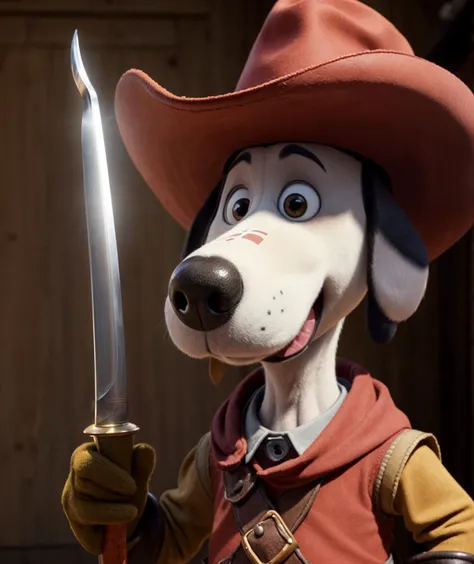 Pixar  <lora:quiron_Dogtanian_v3_Lora:0.77> dogtanianquiron, dogtanian, 1boy, gloves, hat, holding sword, . 3D animation, heartwarming stories, photorealistic environments, appealing character designs, emotional depth, detailed, professional