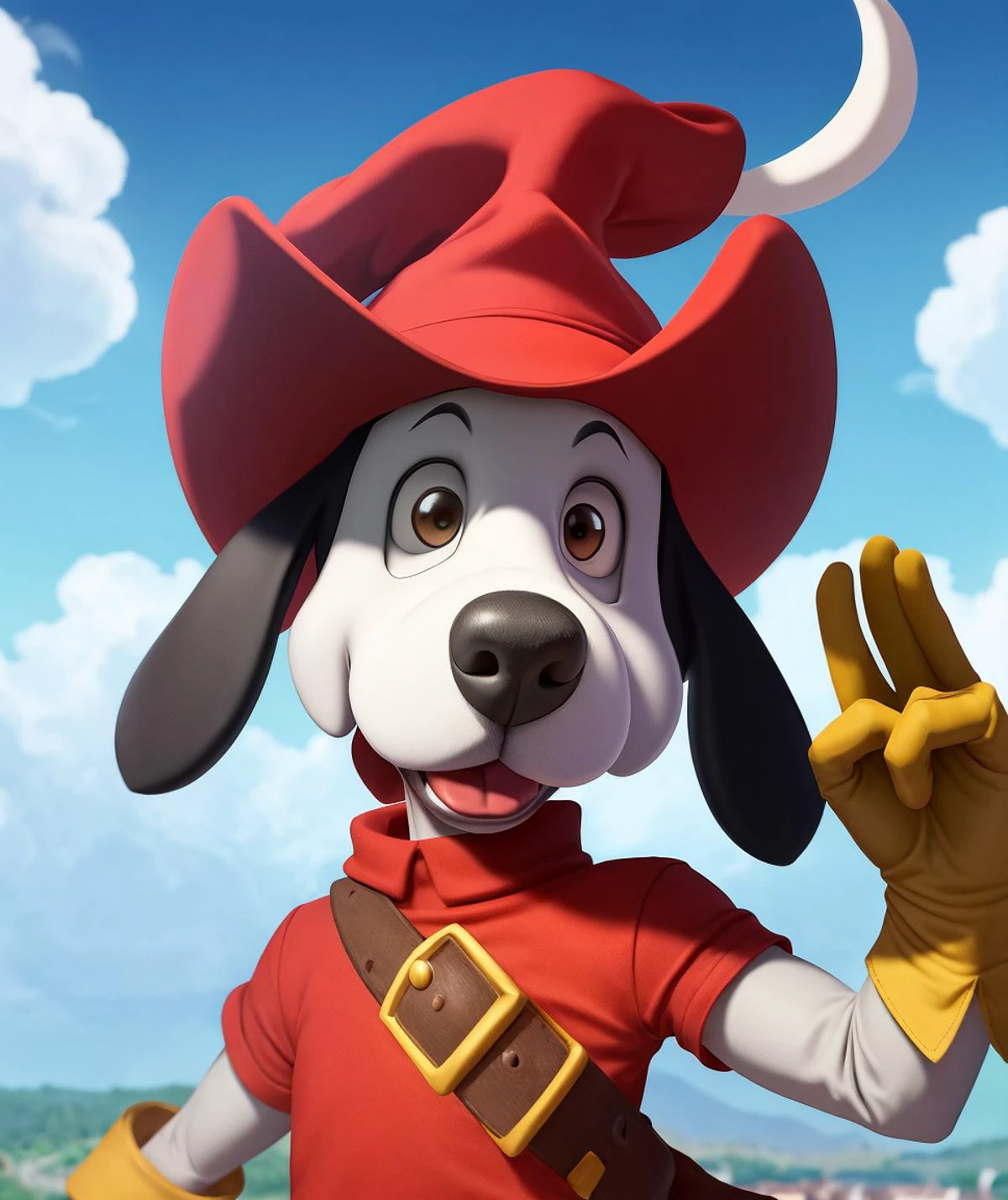 <lora:quiron_Dogtanian_v3_Lora:0.77> dogtanianquiron, dogtanian, 1boy, gloves, red hat, victory pose,