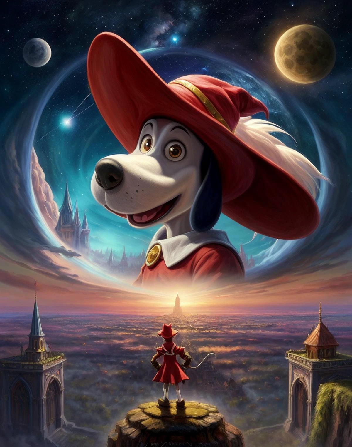 ethereal fantasy concept art of , cartoon, <lora:quiron_Dogtanian_v3_Lora:0.77> dogtanianquiron, dogtanian, 1boy, gloves, red hat, magical, fantastical, enchanting, storybook style, . magnificent, celestial, ethereal, painterly, epic, majestic, magical, fantasy art, cover art, dreamy