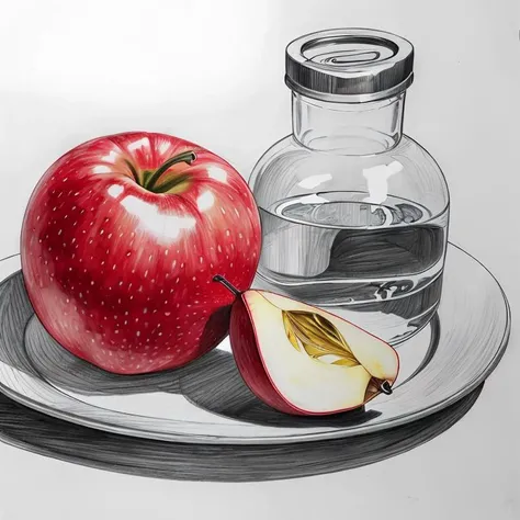 Best Quality, Masterpiece, (Reality: 1.3), Still Life, Table, Cloth, fruit dish, Apple, Pear, Tomato, Pepper, 1 mineral water bottle, sketch, line, pencil drawing, traditional media, graphite (medium), simple background, white background, <lora:PencilSketch:0.8>