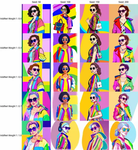 a drawing of a woman wearing a colorful dress and sunglasses with a purse on her shoulder and a rainbow jacket